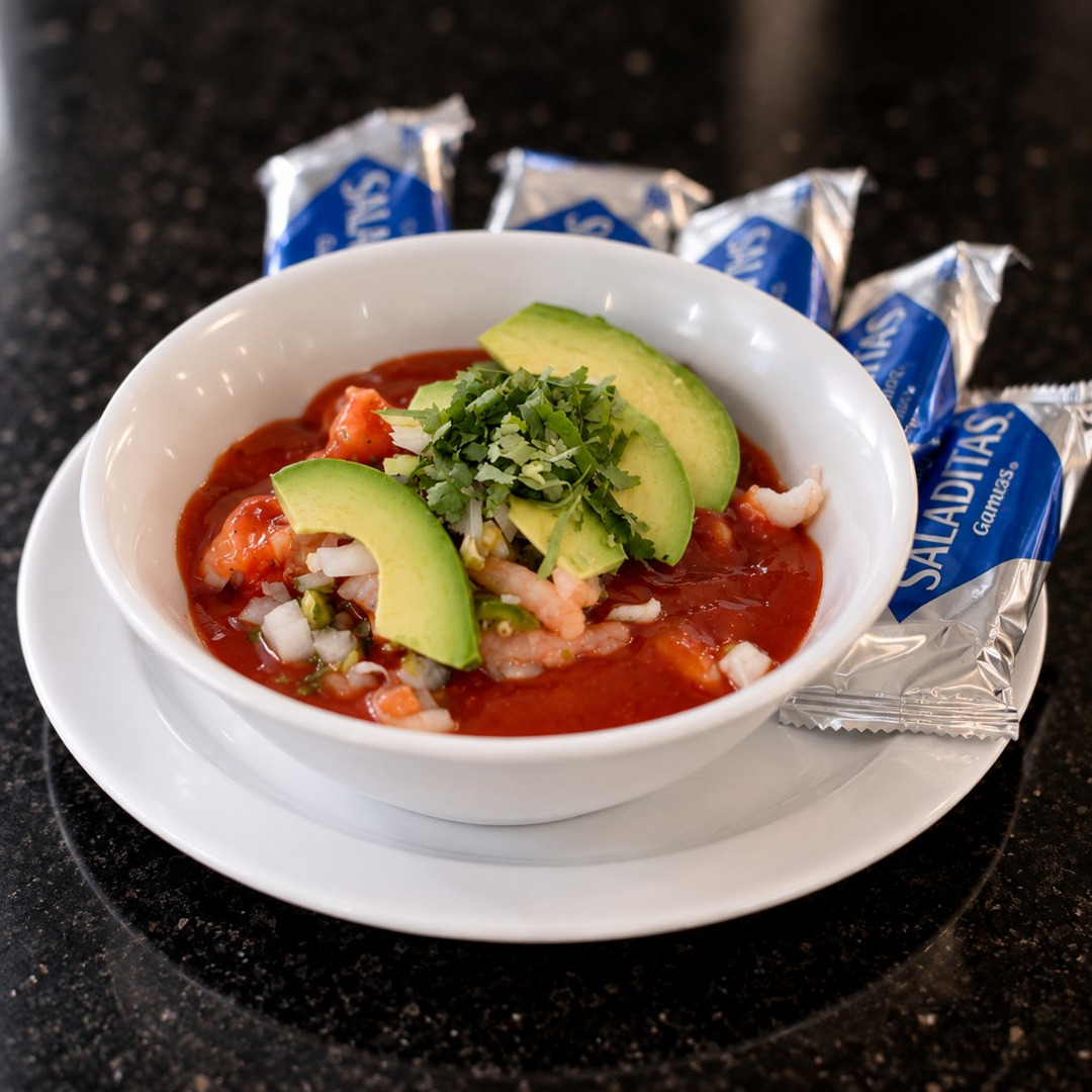 Cóctel de camarón with avocado, cilantro, and Saladitas at Salsa Roja Dallas