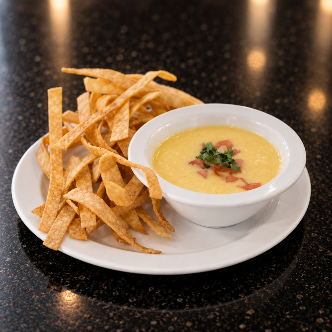 Queso horneado with tortilla chips at Salsa Roja Dallas