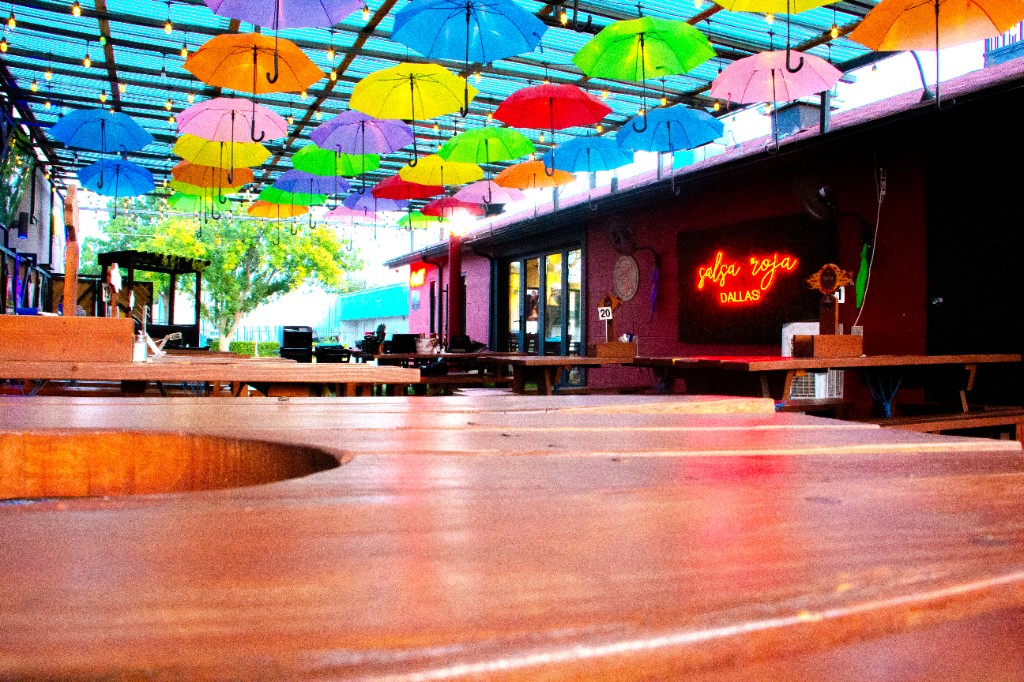 Umbrella patio dining at Salsa Roja Dallas